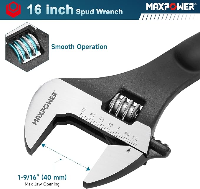 MAXPOWER 16 inch Spud Wrench, Max Jaw Opening 1-9/16 inch | Continuous-tapered Handle for Alignment