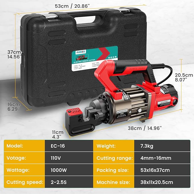 Anbull 1000W Electric Hydraulic Rebar Cutter, Cutting up to 5/8 Inch 4-16mm #5 Rebar, with Replaceable Jaw Blades, Cutting Speed 2-2.5S (EC-16)
