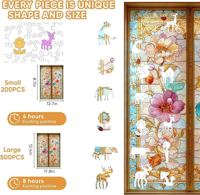 Pikoqunc Wooden Puzzles for Adults,200 Pieces Vintage Glass Floral Gate Laser-Cut Jigsaw with Premium Smooth Finish,Relaxing Art Puzzle and Elegant Wall Décor Gift for Friends, 12.8x8.7 Inches