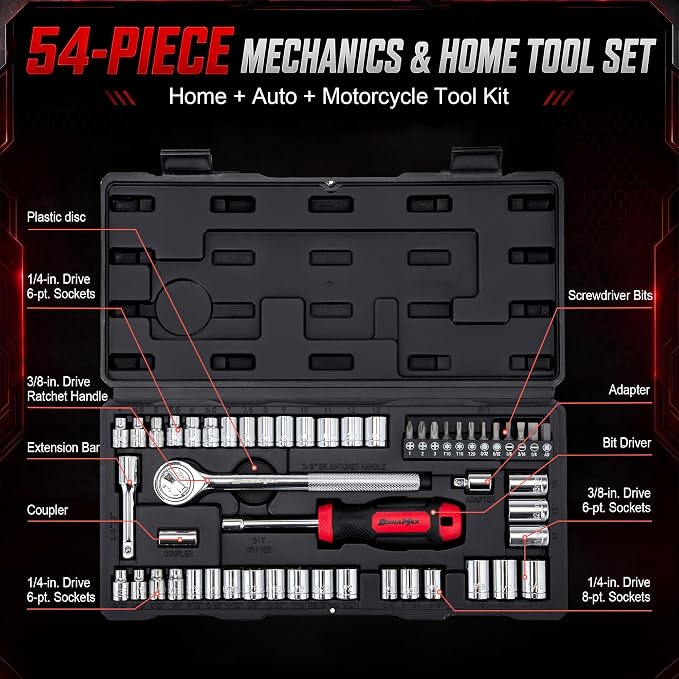 DuraMax Socket Set, 54-Piece Mechanic Tool Set with 1/4 & 3/8 Inch Drive SAE & Metric Sockets, Ratchet Wrench, Torx & Hex Bit Set, Extension Bar, Adapter and Storage Case
