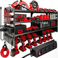 33" W Power Tool Organizer with Charging Station, 4 Layers Heavy Duty Metal Tool Storage Rack Wall Mount 8 Cordless Drill Holder with 4 Power Strip, Battery Organizer for Garage, Workbench,Tool Room