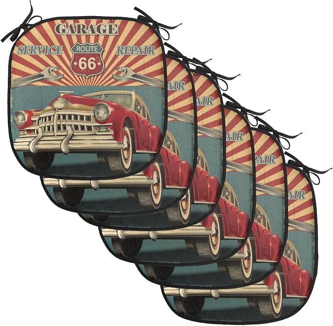 Lunarable Americana Chair Cushion Pads Set of 6, Vintage Garage Artwork with a Nostalgic Car Illustration Retro Vibes Route 66 Print, Anti-Slip Seat Padding for Kitchen & Patio, 16"x16", Teal