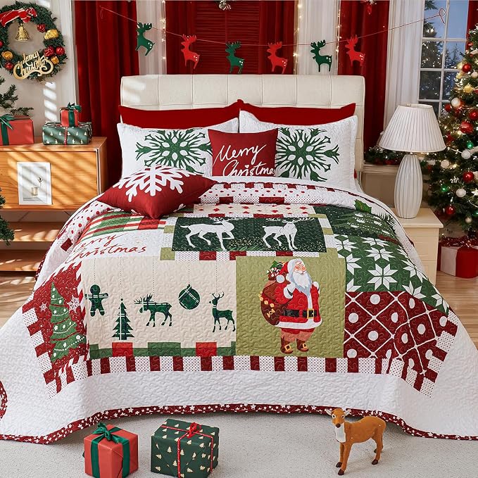 Cmfshape 5-Piece Christmas Quilt Set,Queen Size Xmas Tree Reindeer Santa Claus Pattern Christmas Bedding Set,Reversible Bedspread Coverlet,Holiday Bedding(92"x96")
