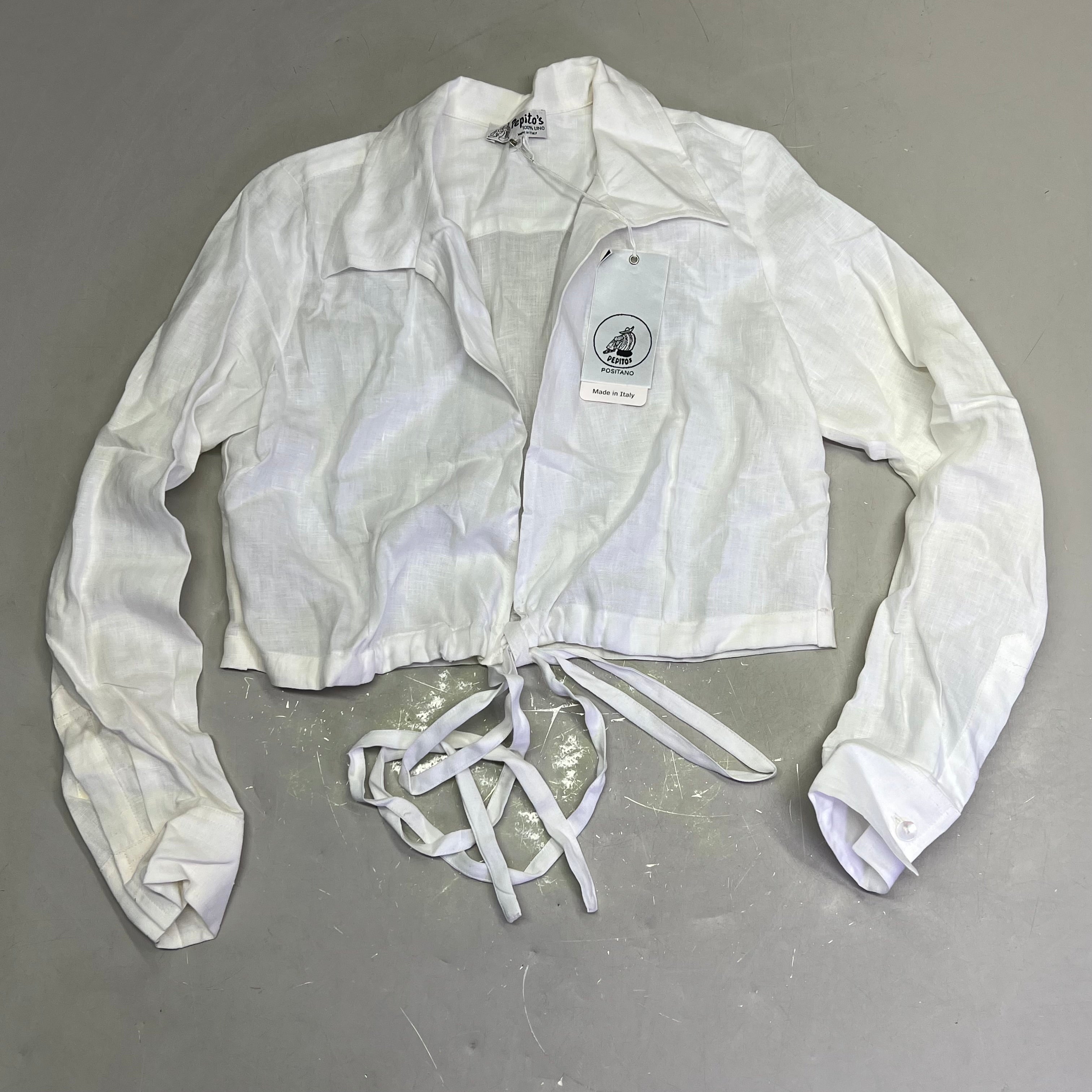 PEITO'S 100% Linen Cropped Long Sleeve Collared Shirt Women's Sz S Solid White