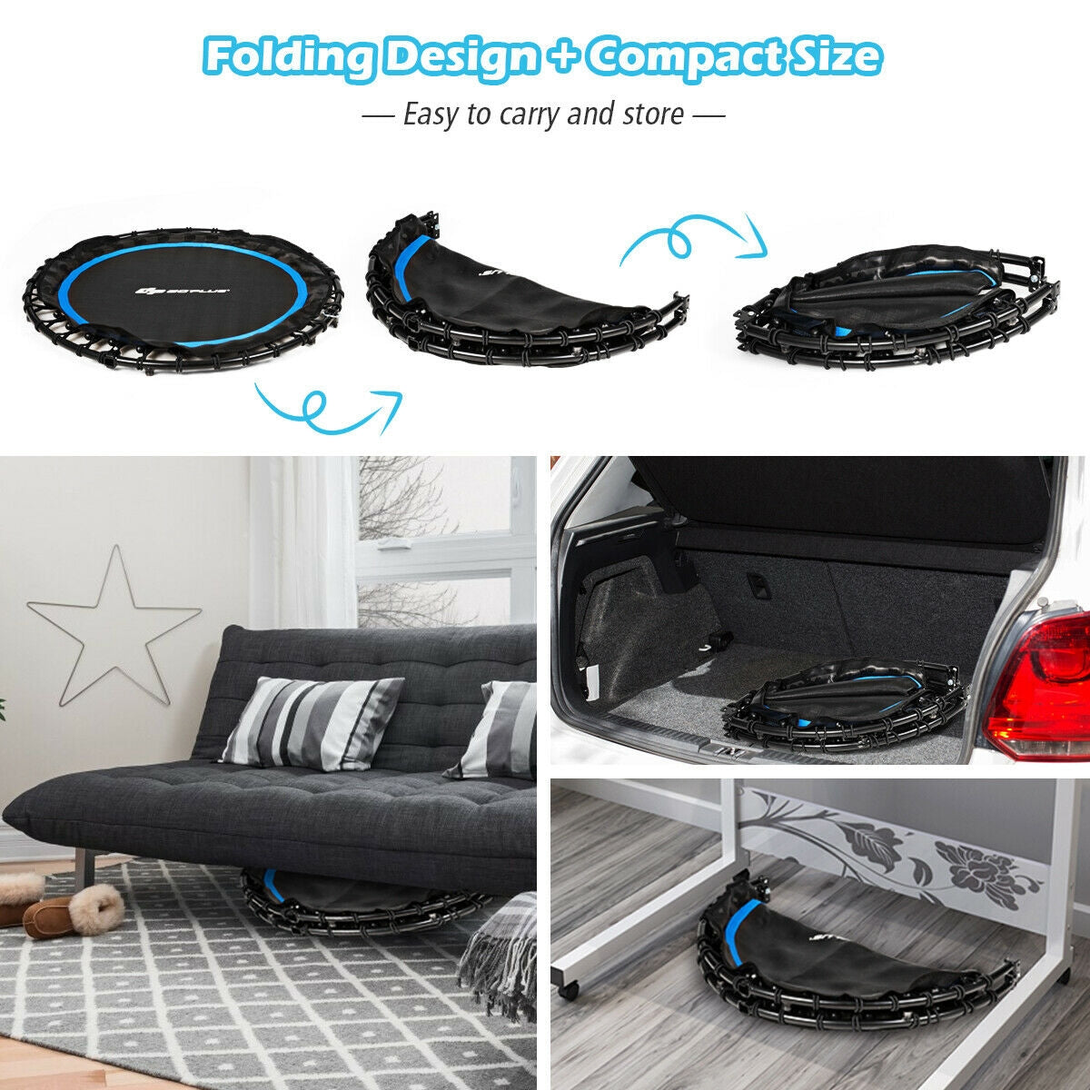 40 Inch Foldable Fitness Rebounder with Resistance Bands Adjustable Home