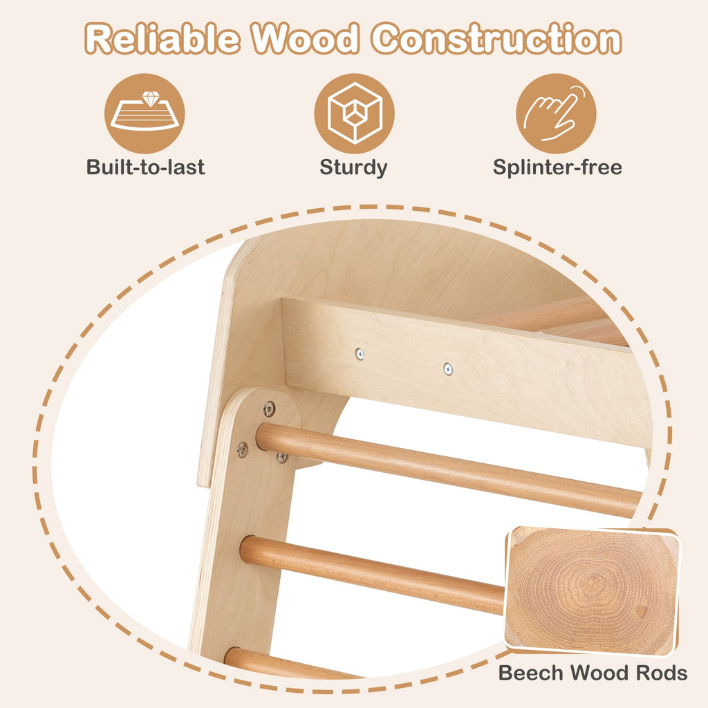 8-in-1 Indoor Jungle Gym Wooden Playground with Swing and Climbing Wall-Natural