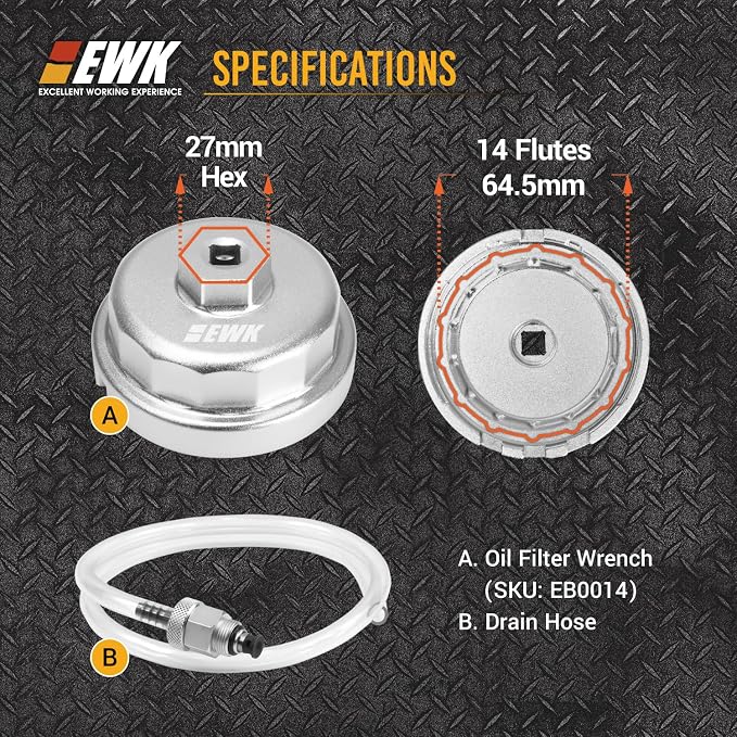 EWK 64mm Forged Aluminum Oil Filter Wrench with Drain Hose, Heavy-Duty Oil Change Tool for Toyota, Lexus, Scion 2.0L - 5.7L Cartridge Filters