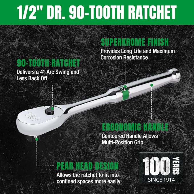 SK 1/2" Drive Ratchet Handle, Pear Head, 90-Tooth Ratchet, Alloy Steel | Reversible Switch for One-Handed Operation, Heat Treated SuperKrome Finish,Enclosed Head with Contoured Handle