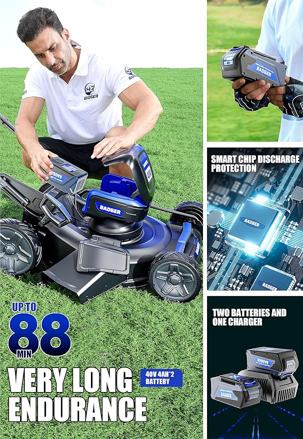 Wild Badger Power 40V 21″ Cordless Lawn Mower Brushless, 6,534 sq ft/0.15 ac, 2×4.0Ah Batteries & Fast Charger, 7-Position Heights,for Medium-to-Large Lawns