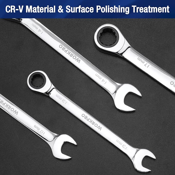 WORKPRO 22 PCS Ratchet Combination Wrench Set with Tool Box, Mirror Polish | with Organizer Box, Metric 6-18mm & SAE 1/4-3/4", 72-Teeth, For Home Project, Auto Repair, Plumbing, Construction, Machinery