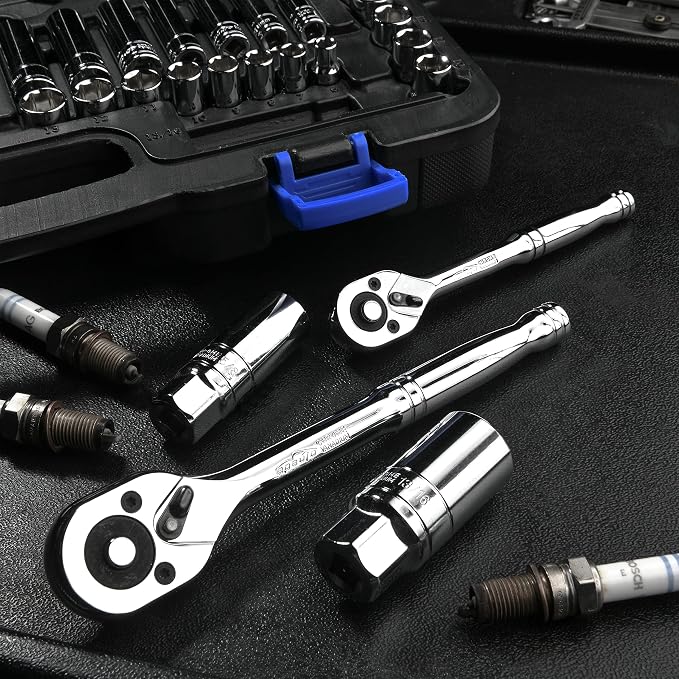 EPAuto 69 Pieces 1/4-Inch & 3/8-Inch Drive Socket Set, Pear Head Ratchet | Chrome (92-824)