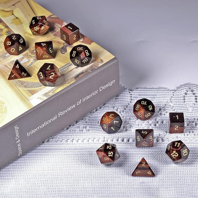 mookaitedecor 7 PCS Red Tiger's Eye Crystal Polyhedral DND Dice Set, Polished Tumbled Stones Dices for RPG MTG Table Games Home Decoration