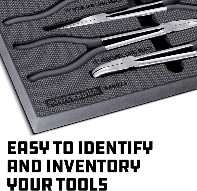 Powerbuilt 4-Piece Pro Tech 11-Inch Long Reach Pliers Set – Long Nose, 45° & 90° Bent Nose, Hose Clamp Pliers, CrMo Steel, Double-Dip Comfort Handles, EVA Tray – 949024