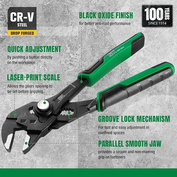 SK 7.5" Pliers Wrench, Smooth Parallel Jaw Water Pump Pliers, CR-V Steel | Groove Joint Pliers, Adajustable 13 Positions Up to 1-1/2" Jaw Capacity, Ergonomic Anti-slip Handle for Comfortable Grip