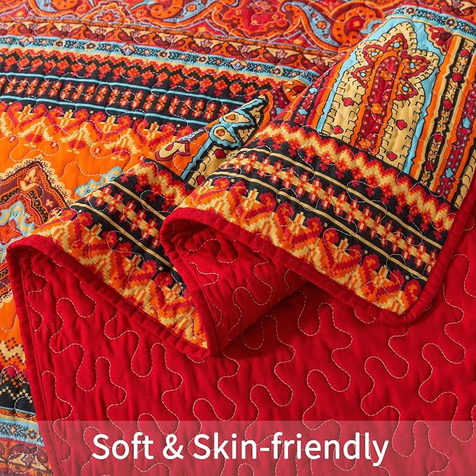 BEDIFANY Cotton Quilts Queen Size Set - Lightweight Bedspreads Queen Size - Soft Colorful Orange Quilted Quilt Bedding Sets (90 * 98 Inch) with 2 Pillow Shams for Bed Decoration Coverlet, 3 Pieces