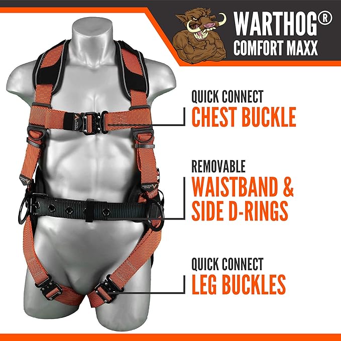 Warthog Comfort MAXX - Safety Harness for Construction – Fall Protection Equipment with Removable Belt and Lumbar Support, Side D-Rings, and Padding, OSHA & ANSI Compliant (S-M)