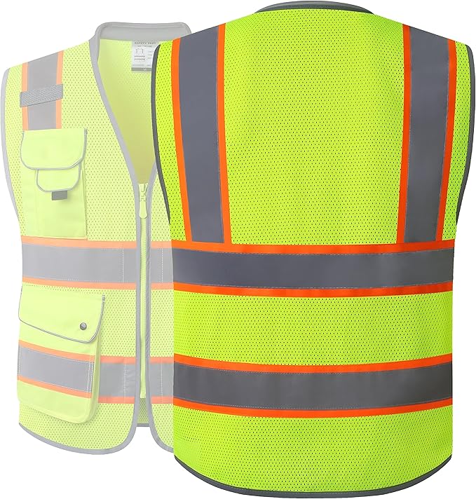 JKSafety 9 Pockets Hi-Vis Safety Vest Breathable Mesh Fabric Cushioned Collar Work Utility PPE Lightweight Industrial Work Gear ANSI/ISEA compliant (101-Yellow XXL)