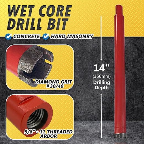 1-1/2" Wet Drill Core Bits for Concrete and Hard Masonry, Diamond Hole Saw, 14" Drilling Depth, 5/8"-11 Arbor, Wet Only