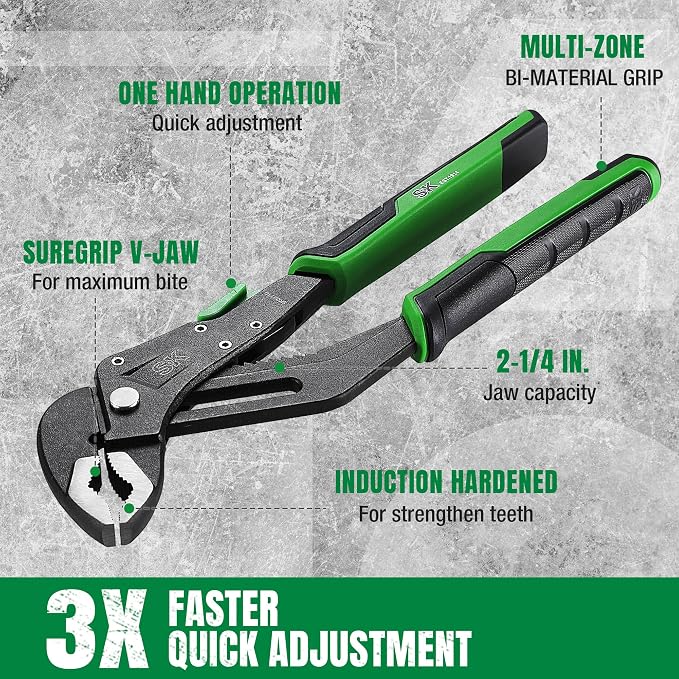 SK 10'' Quick Adjust Water Pump Pliers, SureGrip V-Jaw Groove Joint Pliers | Premium CR-V Steel, Ergonomic Anti-slip Handle for Comfortable Grip