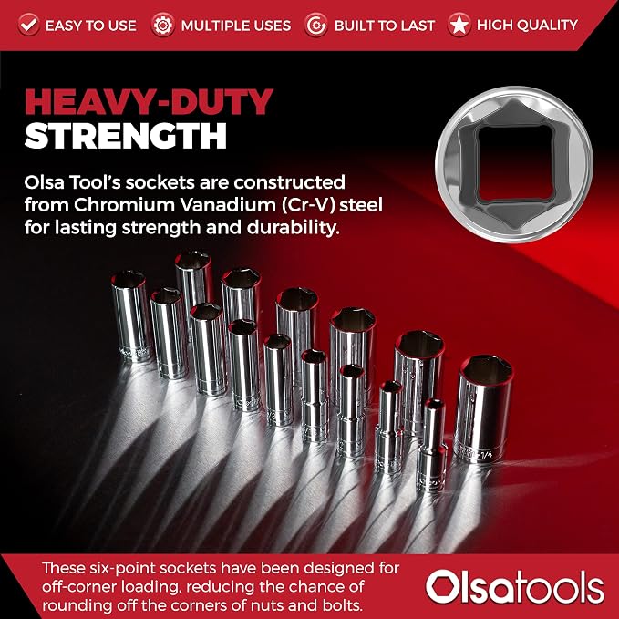 Olsa Tools 1/2-Inch Drive SAE Deep Socket Set - 18pc | 6-Point Chrome Vanadium Sockets, 3/8" to 1-1/4", No Skipped Sizes - Professional-Grade SAE Socket Sets - Part: 1319