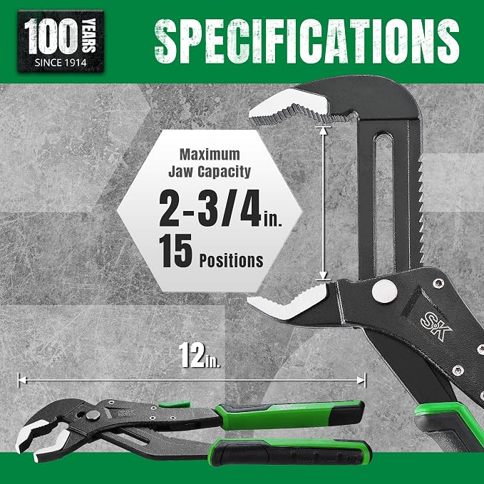 SK 12'' Quick Adjust Water Pump Pliers, SureGrip V-Jaw Groove Joint Pliers | Premium CR-V Steel, Ergonomic Anti-slip Handle for Comfortable Grip