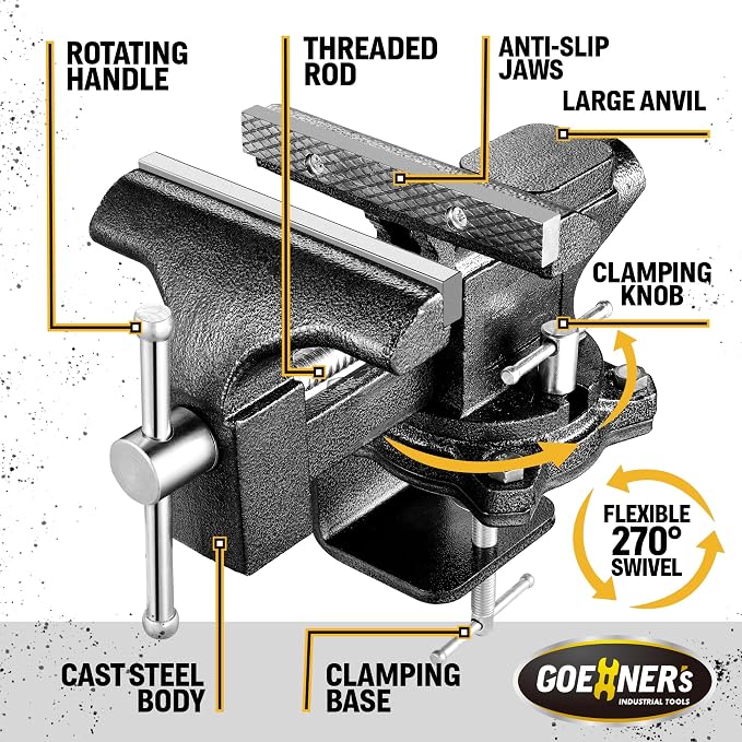Bench Vise 6", Vice for Workbench with Heavy Duty Forged Steel Construction, Built-in Pipe Jaw and Swivel Base, Table Vise for Woodworking, Home Workshop Use and DIY Job