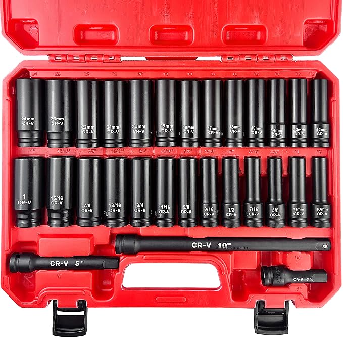 EACELIY 29pcs 1/2" Socket Set, Drive Deep Impact Socket Set, Including 3 ", 5", 10" Impact Extension Bar, Standard SAE (3/8 "- 1") and Metric (10mm-24mm), Cr-V Steel
