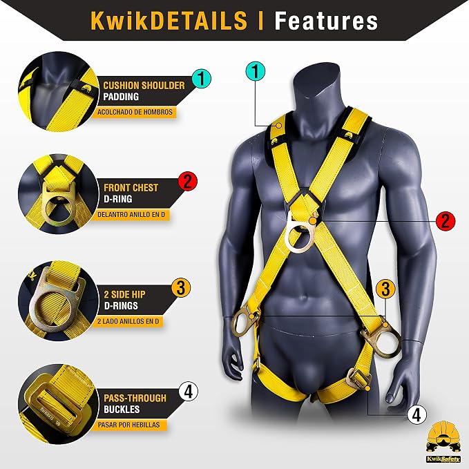 KwikSafety - Charlotte, NC - MONSOON Safety Harness [4 HEAVY DUTY D-RINGS] ANSI OSHA Safety Harness Fall Protection Kit