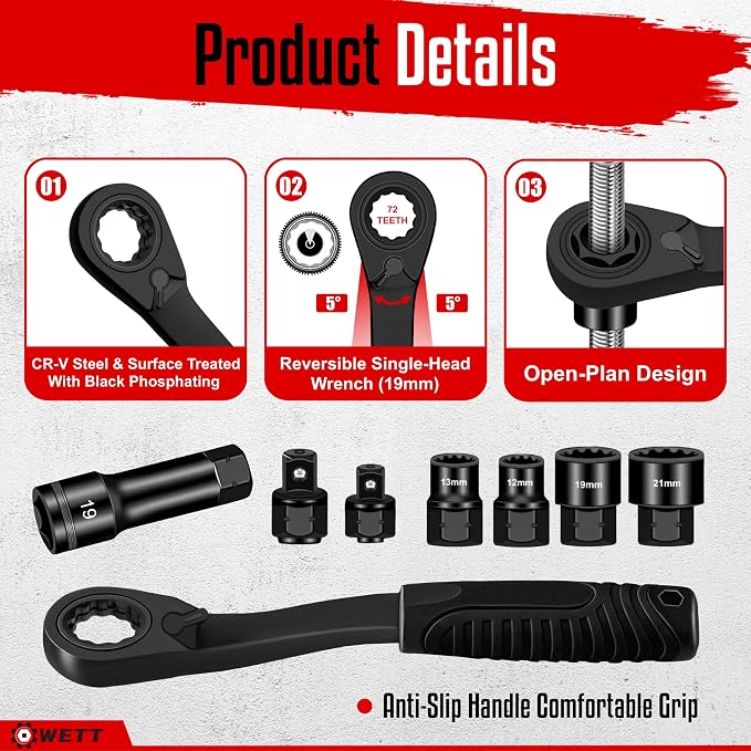 WETT 3/8-Inch Pass Through Socket Set, 28Pcs Metric Go Through Reversing Ratchet Socket Wrench Kit, Sockets, Bits, Adapters, Extension bar