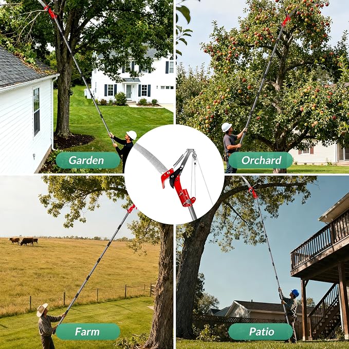 Suchtale Pole Saw 14FT, 2-in-1 Tree Pruner with Saw & Pruning Scissors, Quadruple Pulley Pole Trimmer for High Branch Cutting, Palm Tree, Fruit Tree & Shrub Pruning, Yard Garden Tree Care
