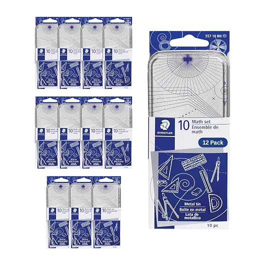 STAEDTLER Geometry Set, 12-Pack, 10 Pieces Per Set, Math Set with Compass and Protractor Set, Ruler and Square Set, Drawing and Measuring Tools with Storage Case for Students, 120 Total Pieces
