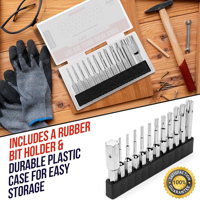 Baker and Bolt Torx Head Drill Bit Set - Premium12pc Set w/Storage Case T6 - T55 1/4in Hex Shank Magnetic Star Security Kit Long 2inch Torx Key Bits S2 Steel for drills and Impact Drivers
