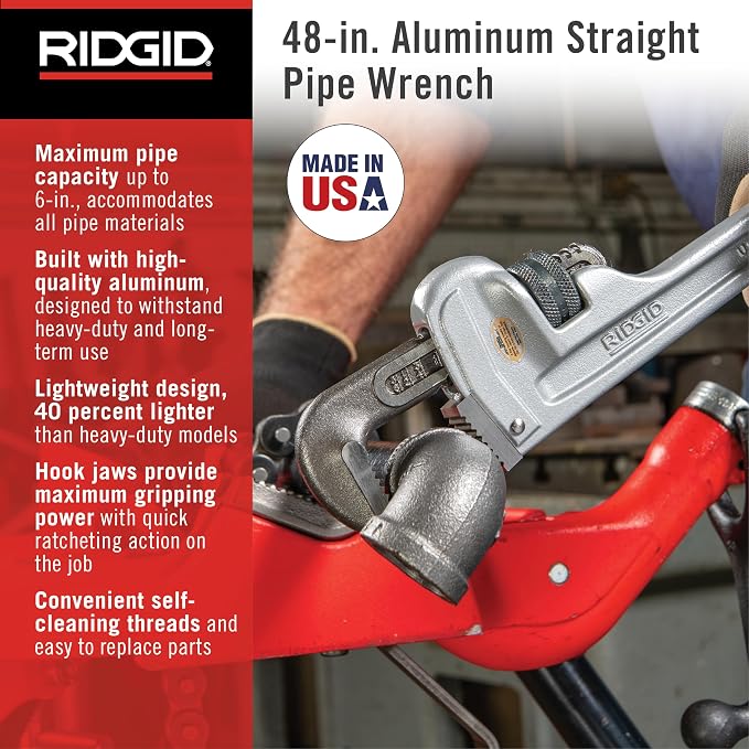RIDGID 31115 Model 848 48" Aluminum Straight Pipe Wrench with 6" Pipe Capacity, 40% Lighter Aluminum Straight Plumbing Wrench with I-Beam Handle