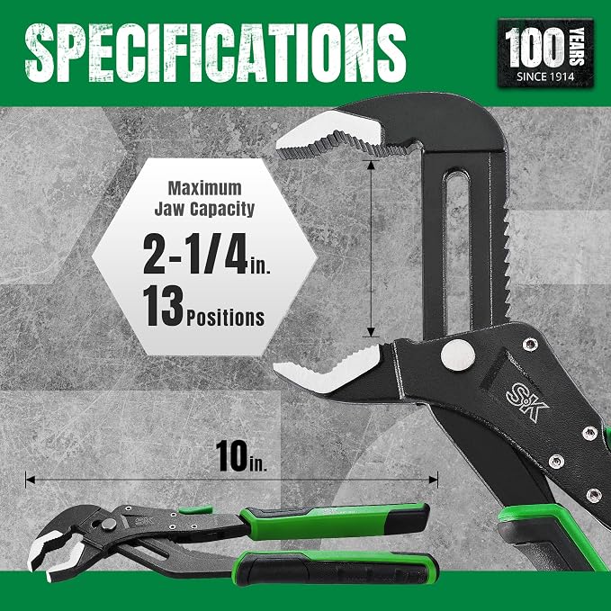 SK 10'' Quick Adjust Water Pump Pliers, SureGrip V-Jaw Groove Joint Pliers | Premium CR-V Steel, Ergonomic Anti-slip Handle for Comfortable Grip