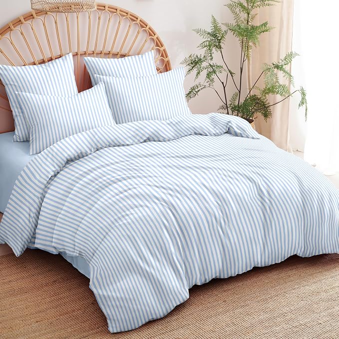 Sedefen Striped Duvet Cover King Size Blue Stripes On White Bedding Set 3 Pieces Kids Boys Girls Geometry Stripe Comforter Cover with Zipper Closure
