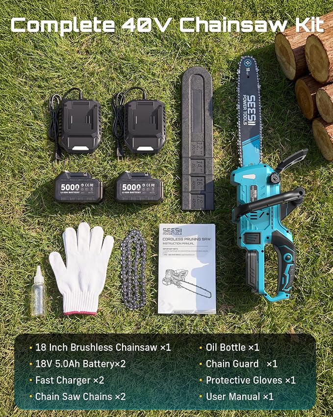 SEESII 40V 18-Inch Electric Chainsaw Cordless with 2 x 5.0Ah Batteries | 2200W Brushless Battery Powered Chain Saw with 2 ×Chargers, Tool-free Tension, Auto-Oiling for Tree Felling and Wood Cutting