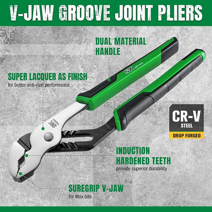 SK 10-Inch Groove Joint Pliers, Water Pump Pliers, Premium CR-V Steel Construction, V-Jaw with Comfortable Grips