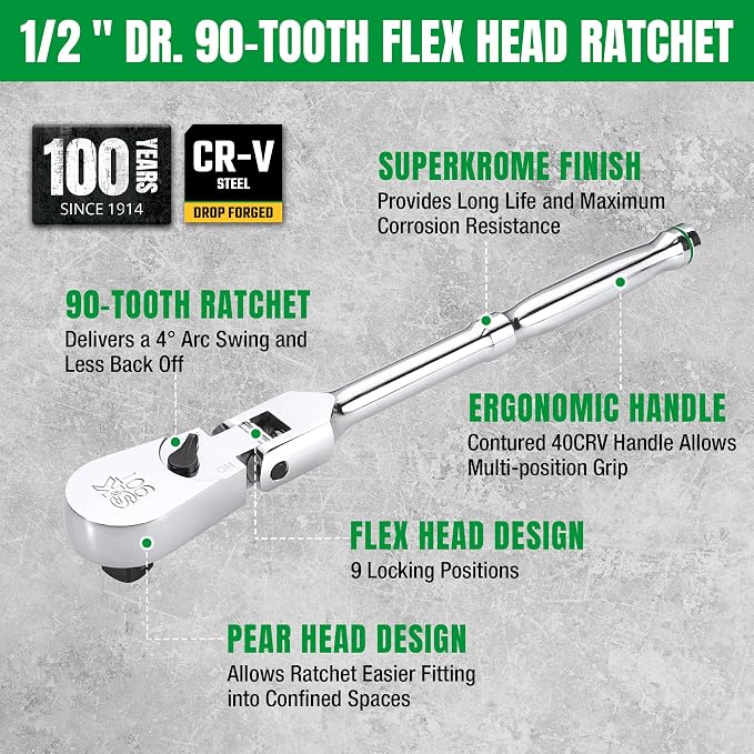SK 1/2" Drive Flex Head Ratchet, Swivel Ratchet Handle, 90-Tooth Pear Head | Premium CR-V Steel, Reversible Design, with Contoured Handle