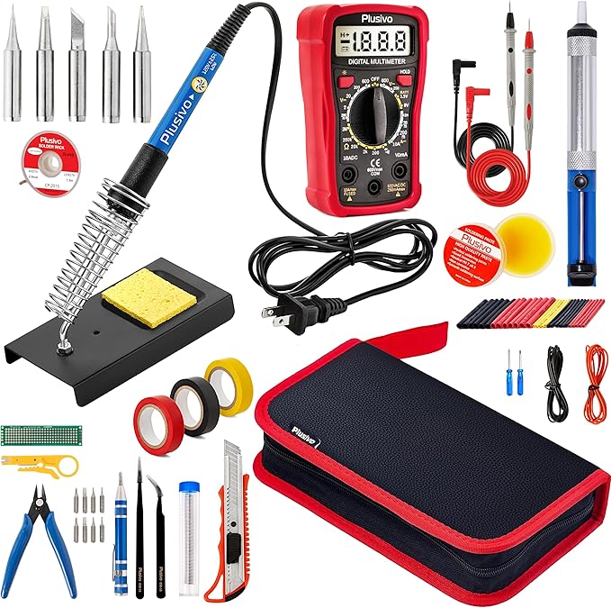 Soldering Iron Kit, 60W Soldering Iron Adjustable Temperature 30-in-1, 5 Solder Tips, Digital Multimeter, Solder Wire, Paste, Desoldering Pump, Tweezers for Electronics Hobby Enthusiast 120V US Plug