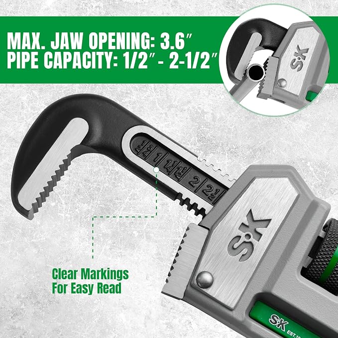 SK 18'' Pipe Wrench, Adjustable Plumbers Wrench, Aluminum Plumbing Wrench | Large Jaw Capacity 1/2'' to 2-1/2'', Lightweight I-Beam Handle, Serrated Jaw for Anti-Slip Grip, Drop-Forged Cr-V Steel Head