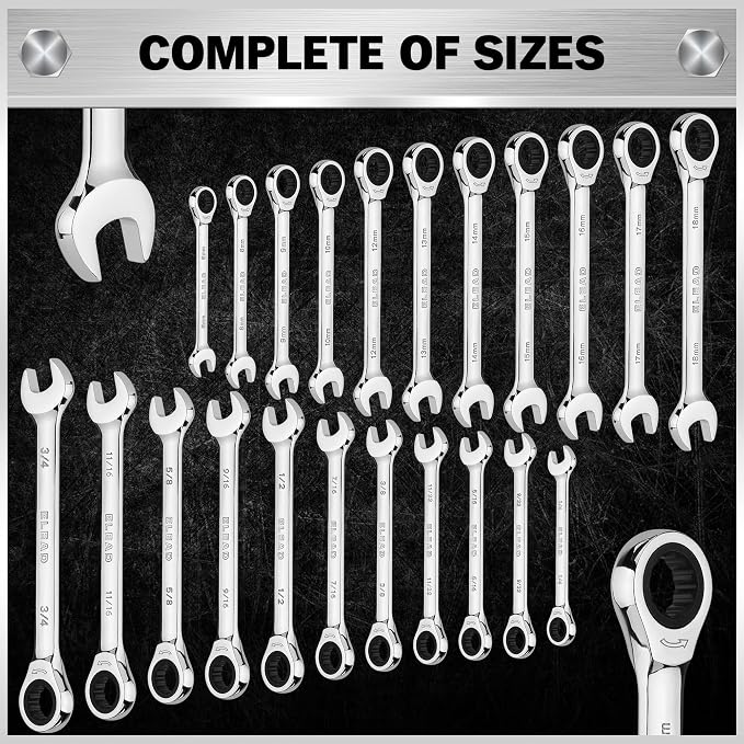 ELEAD 33-Piece Combination Ratchet Wrench Set | SAE & Metric Sizes (1/4" to 3/4" & 6-18mm) | 72-Tooth Gear Design | CR-V Steel | Organizer Carry Case | Ideal for Mechanics & DIY