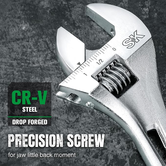 SK 10-Inch Adjustable Wrench, 1-7/16" Jaw Capacity, SAE&Metric Scales | X-Frame Handle, Precision Jaw, Heat Treated CR-V Steel, Chrome-Plated Rust Resistant Finish
