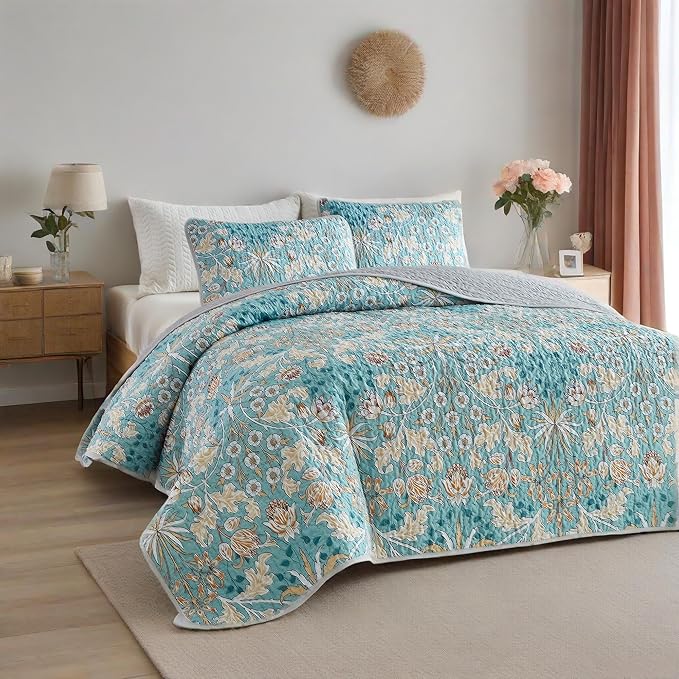 Quilts for Queen Bedding Set Teal Blue Bedspreads - Soft Lightweight Breathable Bedspread Comforter - Boho Cottagecore Flower Coverlet for All Season - 3 Pieces (New-Teal Blue, Queen)