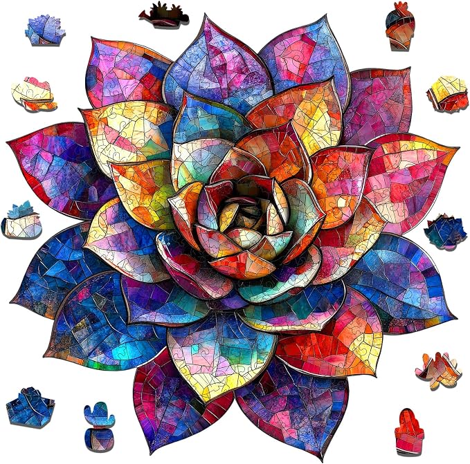 Delobil Wooden Puzzles for Adults, Stained Glass Succulent 200 Pieces Jigsaw Puzzles, Unique Shaped Plant Puzzle Gift for Kids, Family Valentine's DayPuzzle Game, 11.2 x 11.1 Inches