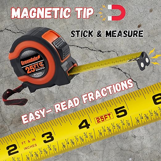 Greendale – 6 Pack Tape Measures 25 ft – Easy-Read Fractions, Magnetic Tip, Quick-Lock & Auto-Retract – Heavy-Duty Measuring Tape with Belt Clip – Red/Orange