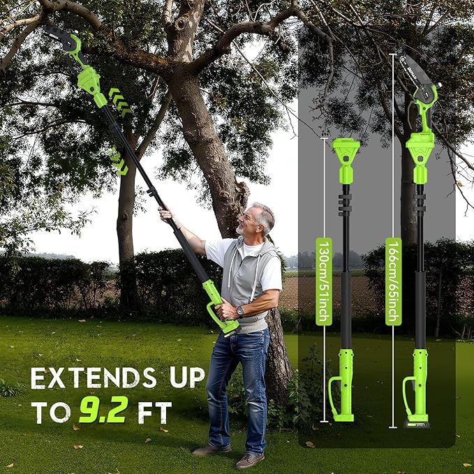 2 IN 1 Electric Pole Saw Brushless 21V Battery Chainsaw Cordless with Rotatable Pole 15FT Max Reach, Shoulder Strap, Battery Powered Chain Saw for Tree Trimming and Wood Cutting Tool -- Green