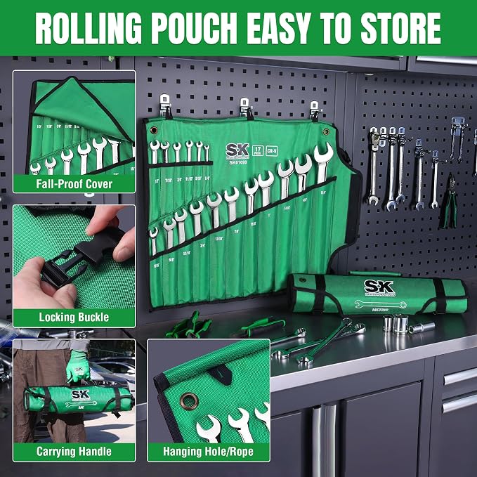 SK Combination Wrench Set, Metric 6 to 32mm, SAE 1/4" to 1-1/4", 42-Piece | SuperKrome Finish, Drop Forged Premium CR-V Steel, 12-Point Wrenches, 15-Degree Offset, with Rolling Pouch
