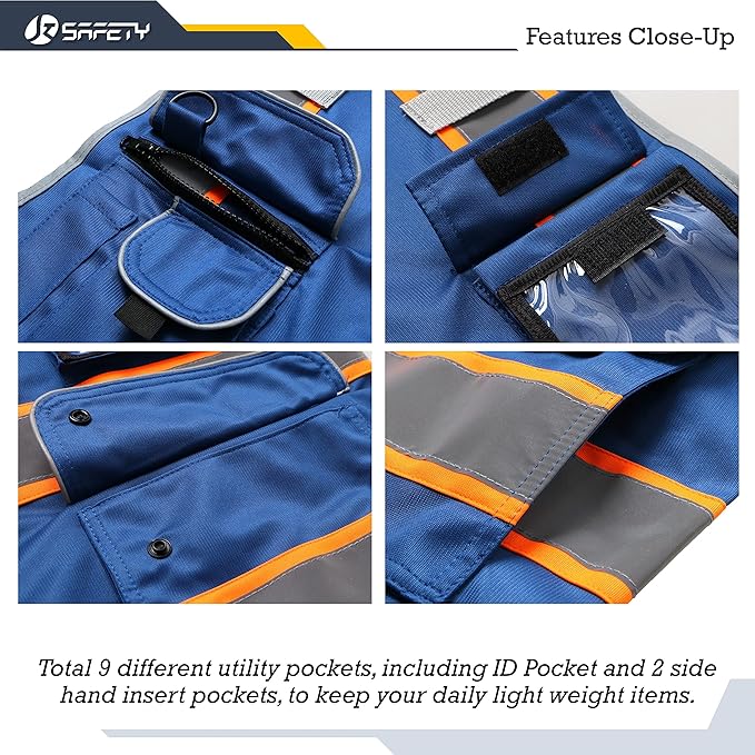 JKSafety 9 Pockets High Visibility Zipper Front Safety Vest | Blue with Dual Tone High Reflective Strips | Meets ANSI/ISEA Standards (901-Blue, 3X-Large)