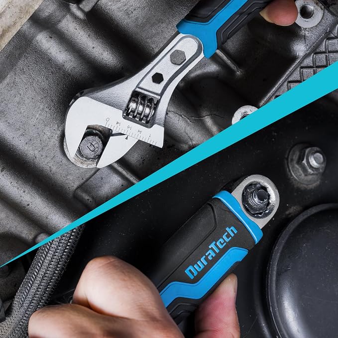 DURATECH 8 Inch Adjustable Wrench, 3-in-1 Spanner | Box End, Hex Function, CR-V Steel, Metric & SAE Scales, Chrome-plated, Bi-material Soft Grip