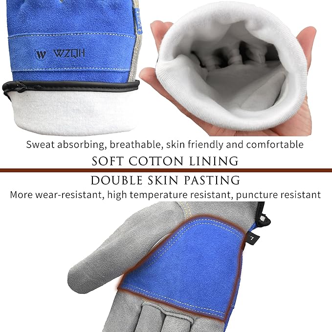 WZQH Leather Work Gloves for Men or Women. XX-Large Glove for Gardening, Tig/Mig Welding, Construction, Chainsaw, Farm, Ranch, etc. Cowhide, Cotton Lined, Utility, Firm Grip, Durable. Blue-Grey 2XL